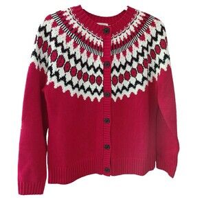 Talbots Womens Petite Medium Red Joyous Fair Isle Button Front Cardigan Sweater